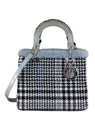 Christian Dior Mint Green Tweed Crocodile Mink Plaid Medium Lady Dior Bag