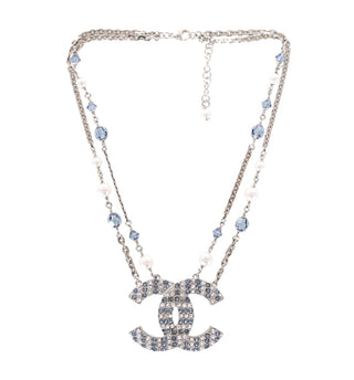 Chanel Silver-Tone CC Pendant Necklace With Blue Crystals And Pearl Beads