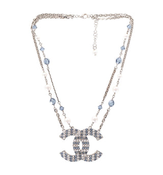 Chanel Silver-Tone CC Pendant Necklace With Blue Crystals And Pearl Beads