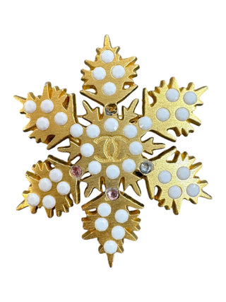 Chanel Gold Snowflake Brooch With White Beads And CC Logo