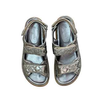 Chanel Quilted Metallic Silver Leather Dad Sandals