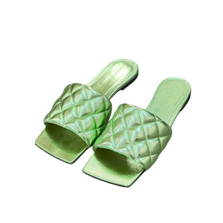 Bottega Veneta Metallic Green Quilted Slide Sandals