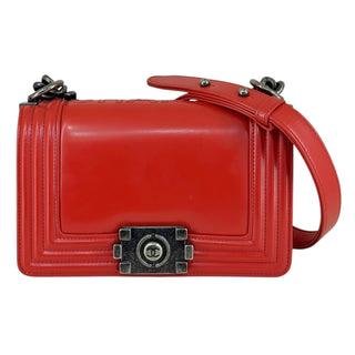 Chanel Red Glazed Calfskin Small Boy Bag With Chanel Stitching In Ruthenium Hardware