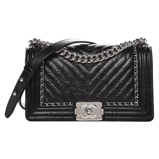 Chanel Black Aged Calfskin Chain V-Stitch Chevron Shoulder Medium Boy Bag