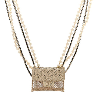 Chanel Gold Metal Pearly White Lambskin Pearl Chain Flap Bag Multi Strand Long Necklace