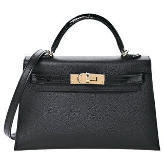 Hermes Black Madame & Shiny Alligator Touch Mini Kelly II 20 With Gold Hardware