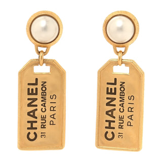 Chanel Gold Pearl CC Tags Drop Earrings