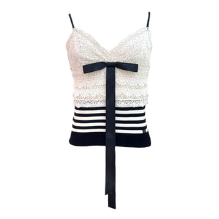 Chanel White Lace & Black Striped Knit Camisole Top with Satin Bow Detail