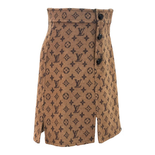 Louis Vuitton Brown Wool Monogram A-Line Skirt with Button Detailing