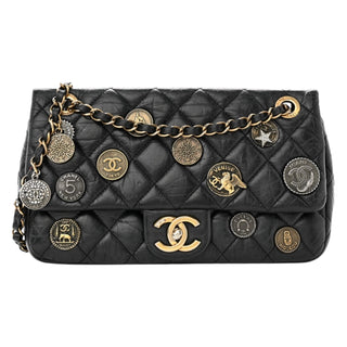 Chanel Black Aged Calfskin Quilted Medium Charm Medallion Flap Bag