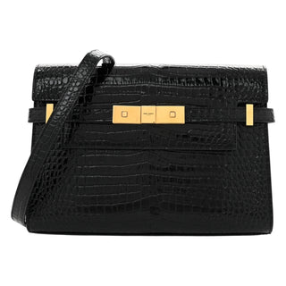 Yves Saint Laurent Black Shiny Crocodile Embossed Calfskin Manhattan Baguette Bag