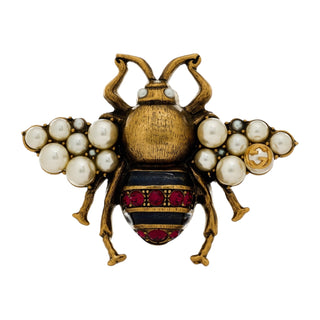 Gucci Aged Gold Metal Pearl Crystal Bee Brooch