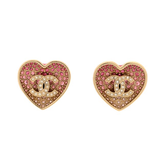 Chanel Pink & Gold Resin Crystal CC Heart Earrings