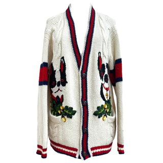 Gucci Ivory Wool Knit Cardigan With Embroidered Dogs