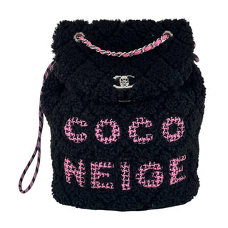 Chanel Black & Pink Shearling Sheepskin Coco Neige Flap Backpack With Silver Hardware