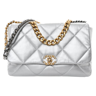Chanel Silver Metallic Goatskin Quilted Maxi Chanel 19 Flap Bag