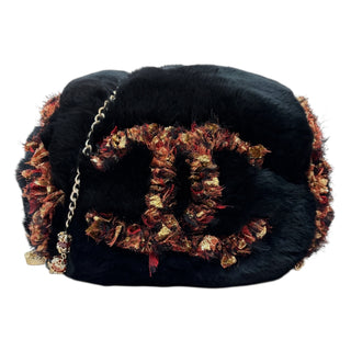 Chanel Black Rabbit Fur & Tweed CC Logo Hand Muff Crossbody Bag With Gold CC Chain