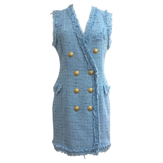 Balmain Light Blue Fringed Tweed Double-Breasted Mini Dress