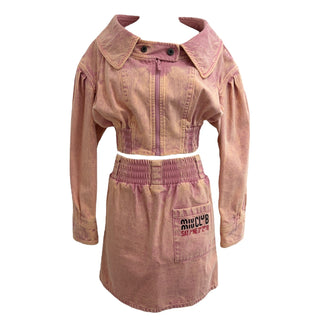 Miu Miu Pink Washed Denim Cropped Jacket & Skirt Set