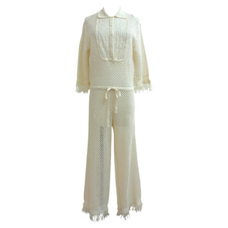 Christian Dior Cream Crochet Lace Knit Top and Pants Set