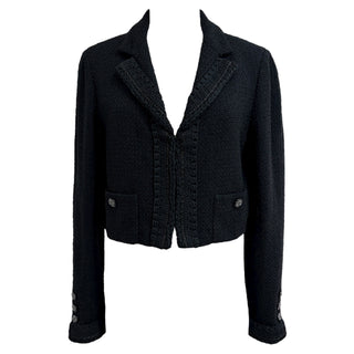 Chanel Black Cropped Braided Trim Tweed Jacket