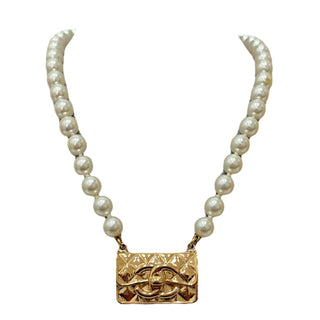 Chanel Faux Pearl Gold Tone Quilted CC Flap Bag Necklace