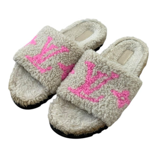 Louis Vuitton Cream Shearling Slides with Pink Monogram