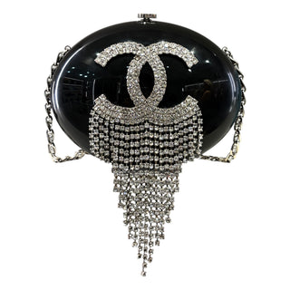 Chanel Black Resin Crystal Chain Fringe CC Oval Minaudière Bag