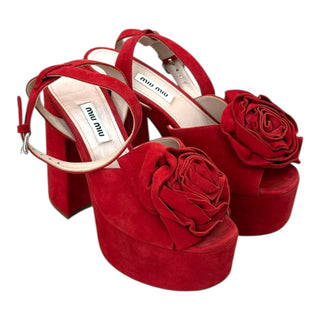 Miu Miu Red Suede Platform Sandals with Rose Appliqué