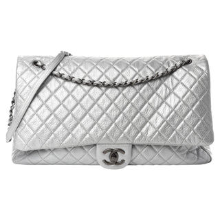 Chanel Silver Metallic Calfskin Quilted XXL Travel Flap Bag