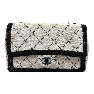 Chanel Black & White Sequin Diamond-Pattern Medium Flap Bag With Black Hardware