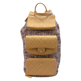 Chanel Tweed & Beige Caviar Leather Triple Pocket Backpack