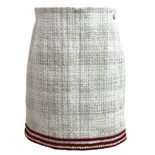 Chanel White Tweed Sailor Collar Burgundy Trim Jacket And Skirt Set