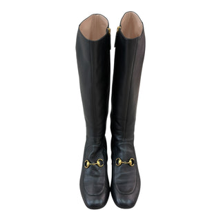 Gucci Black Leather Knee-High Boots with Horsebit & Crystal Block Heel