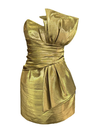 Saint Laurent Gold Lurex Bow Detail Strapless Mini Dress FR 40
