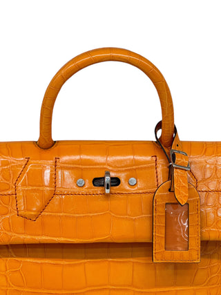 Louis Vuitton Orange Shiny Crocodile Top Handle Bag With Padlock Detail