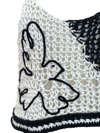 Chanel Crochet Knit Bralette in Black & White with Dove Embroidery