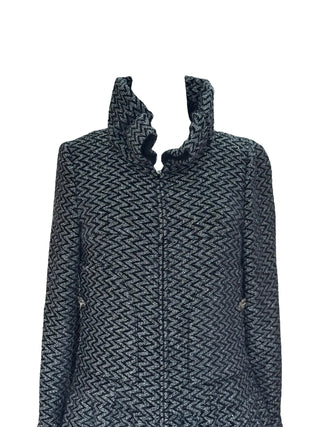 Chanel Black & Silver Chevron Knit Ruffle Hem Coat With High Collar