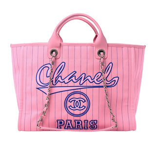 Chanel Pink & Blue Striped Canvas Large Deauville Tote Bag