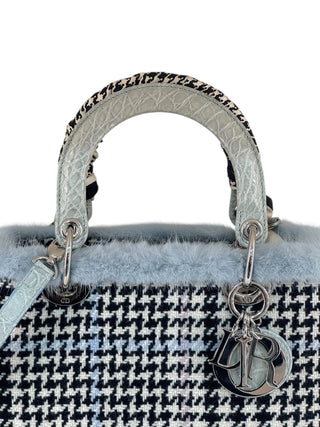 Christian Dior Mint Green Tweed Crocodile Mink Plaid Medium Lady Dior Bag