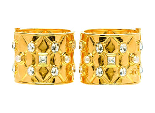 Chanel Gold Strauss Pearl Crystal Quilted Hinged Cuff Set Of 2