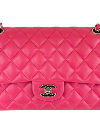Chanel Hot Pink Lambskin Quilted Medium Double Flap Bag With PHW