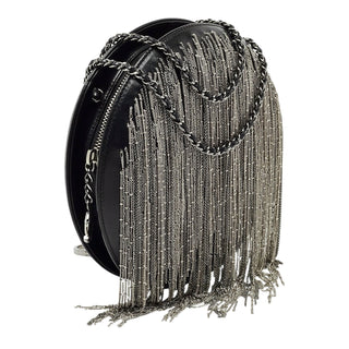 Chanel Black Leather Metal Fringe Round Chain Clutch