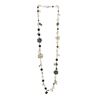 Chanel Black & White Pearl Camellia Charm CC Long Necklace