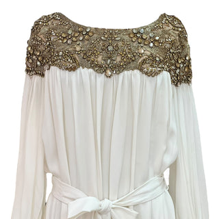 Marchesa White Embellished Long Sleeve Belted Gown