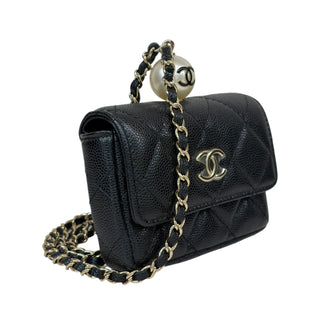 Chanel Black Pearl Crush Caviar Mini Flap Coin Purse On Chain