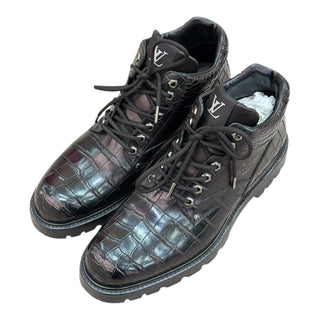 Louis Vuitton Black Crocodile-Embossed Leather Lace-Up Ankle Boots