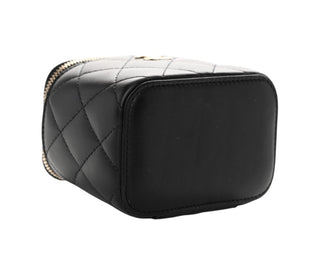 Chanel Black Lambskin Quilted Mini Vanity Case With Pearl Chain