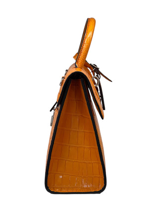Louis Vuitton Orange Shiny Crocodile Top Handle Bag With Padlock Detail