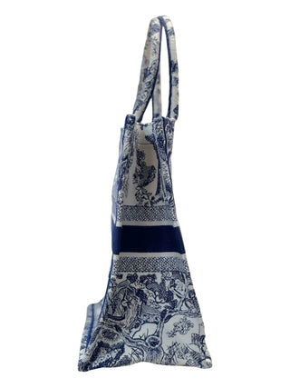 Christian Dior Large Ecru And Blue Toile De Jouy Embroidery Book Tote